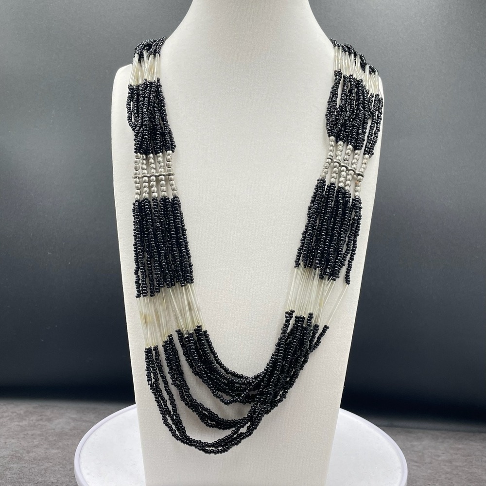 Vintage Multistrand Black Silver-Tone Retro Lobster Beaded Necklace - Size 18"